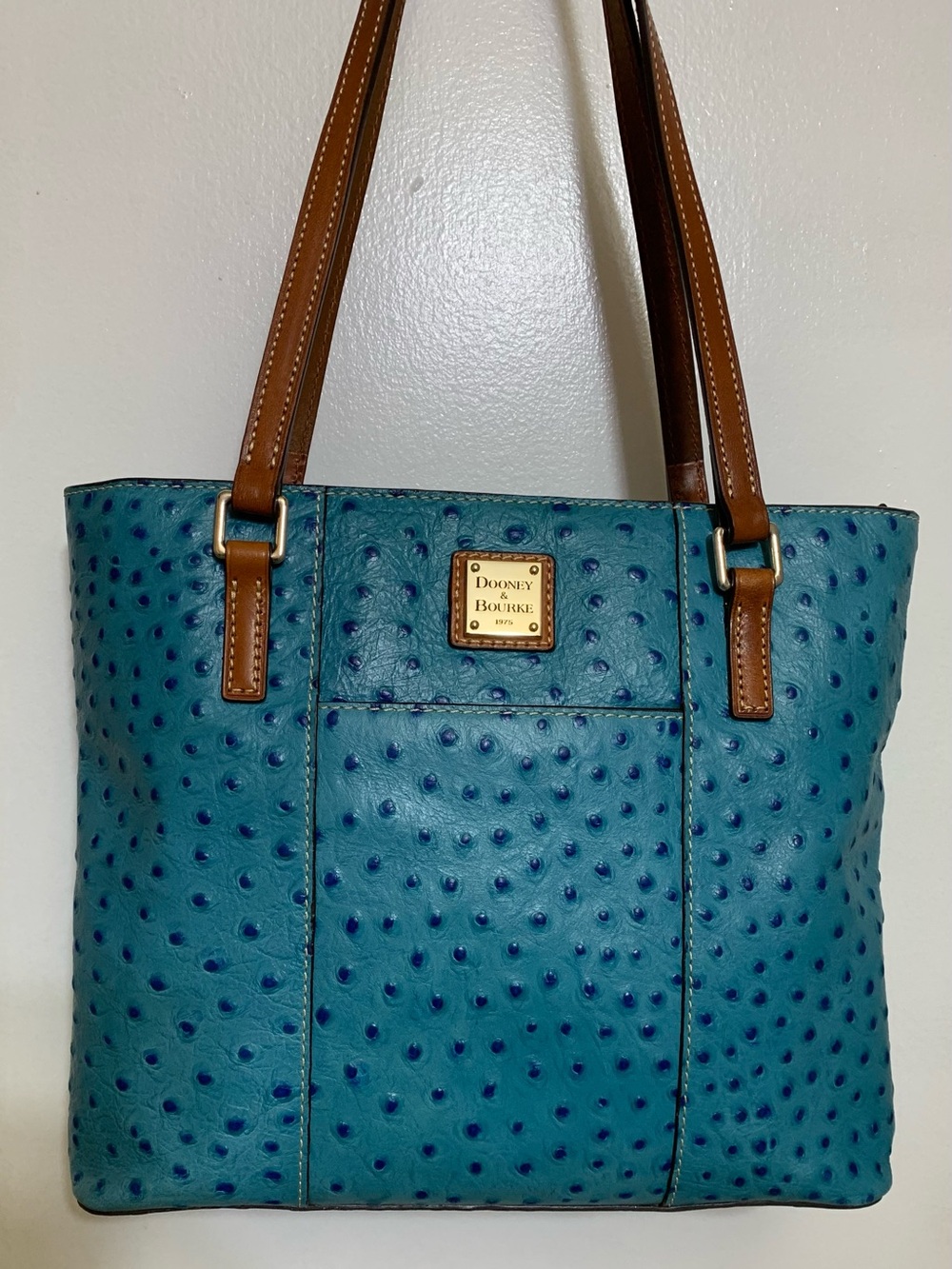 Dooney & Bourke Teal Ostrich-Embossed Leather Tote with Brown Straps
